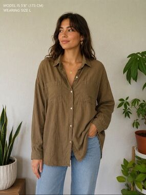 Olive Green Linen Blend Button Down Tunic Blouse, Minimalist Size L